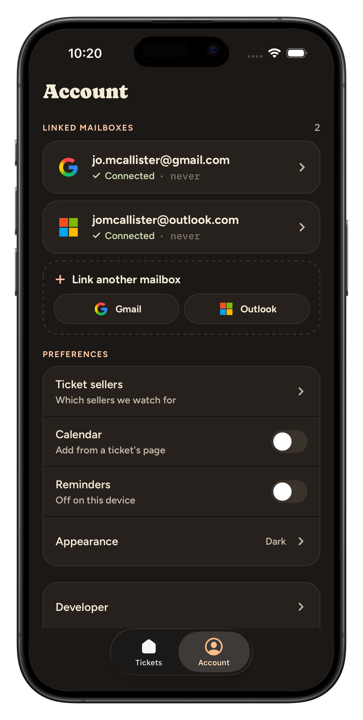 TicketHub app screenshot: the account screen showing connected mailboxes and how to disconnect them
