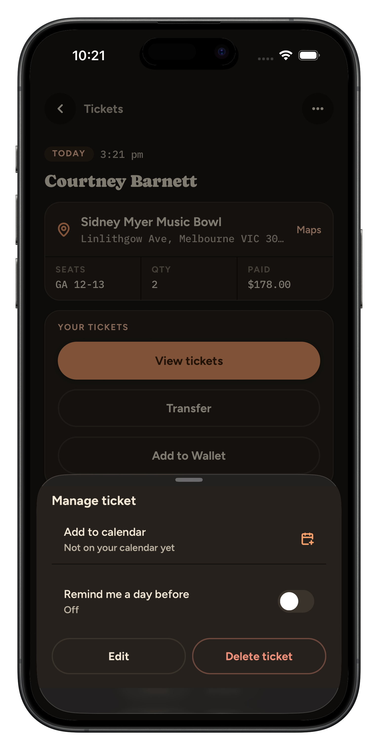 TicketHub app screenshot: a reminder the night before, with one tap to add the event to a calendar