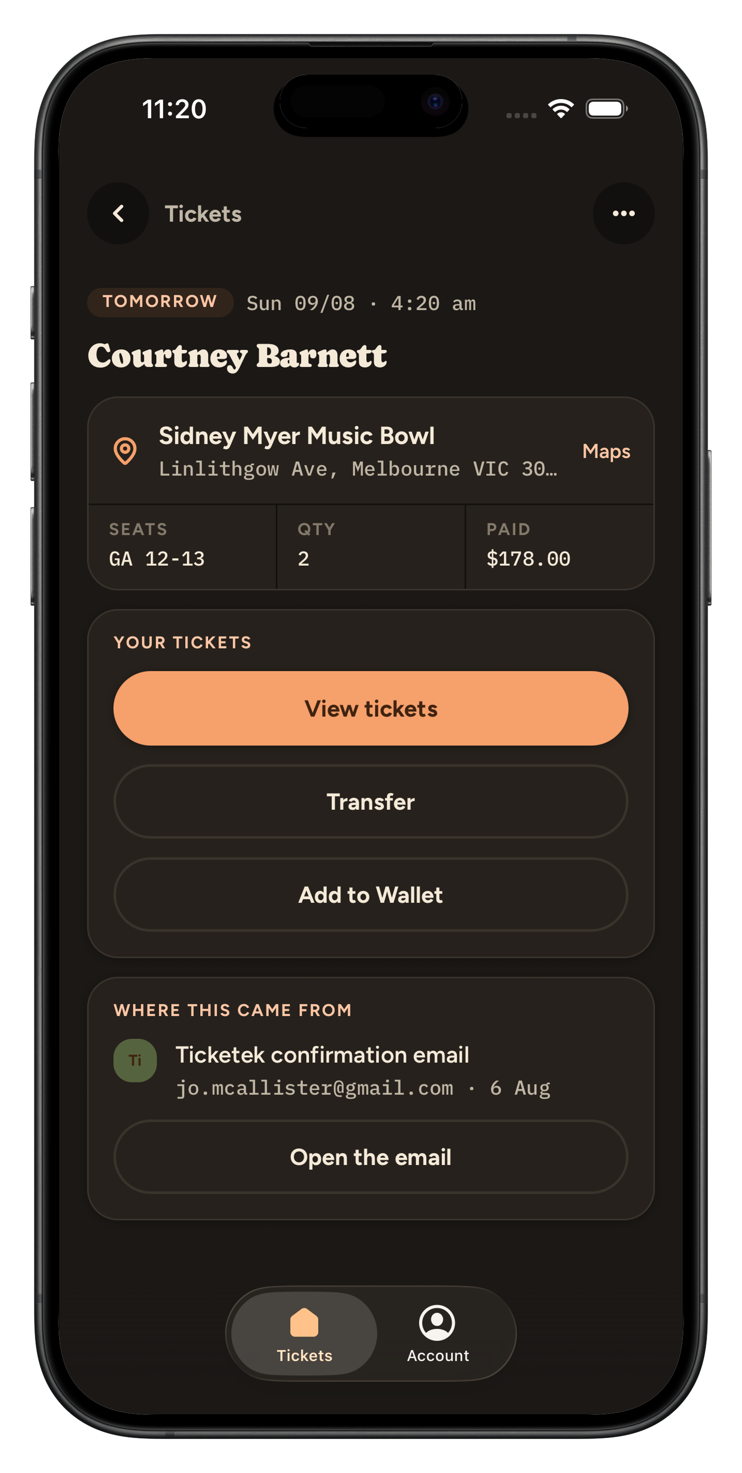 TicketHub app screenshot: tonight&rsquo;s event at the top of the list, past events filed away
