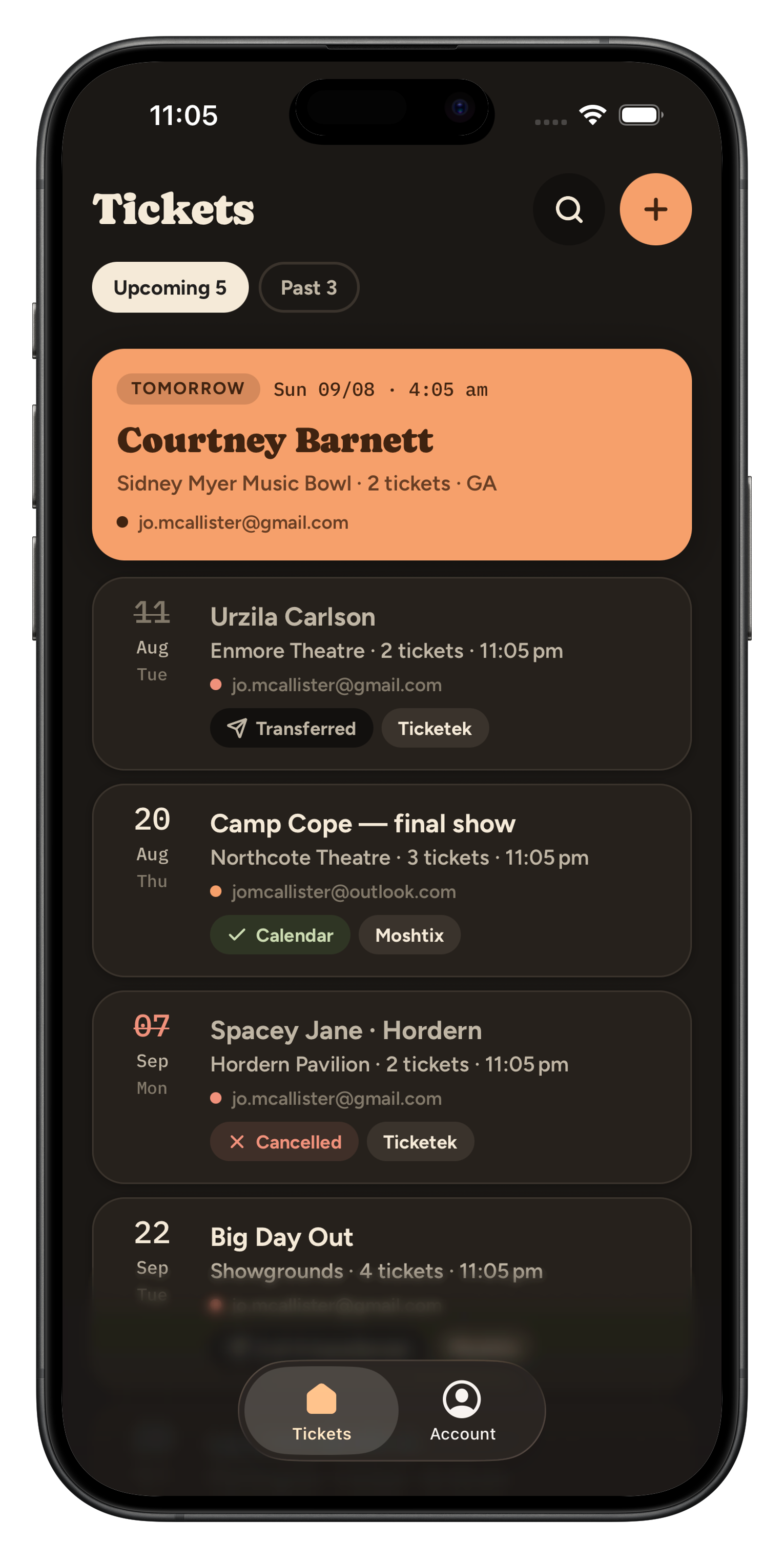 TicketHub app screenshot: a list of upcoming events extracted from email, ordered by date