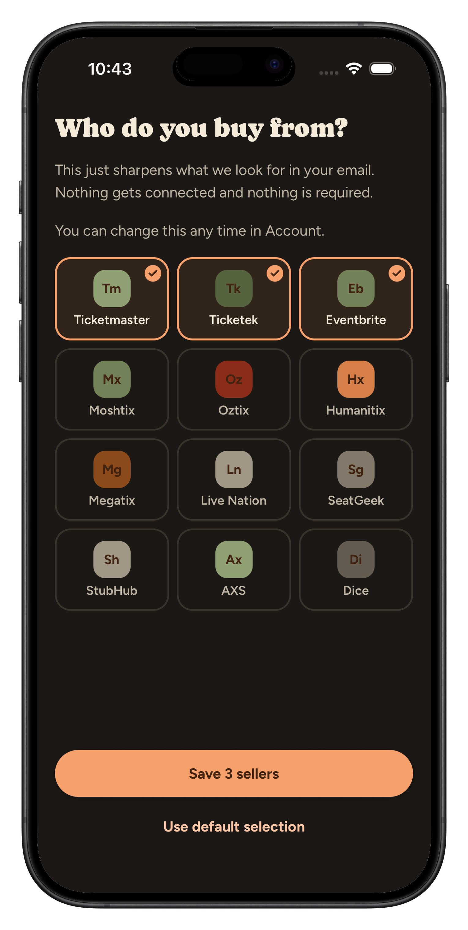 TicketHub app screenshot: choosing which ticket sellers to watch for in your mailboxes