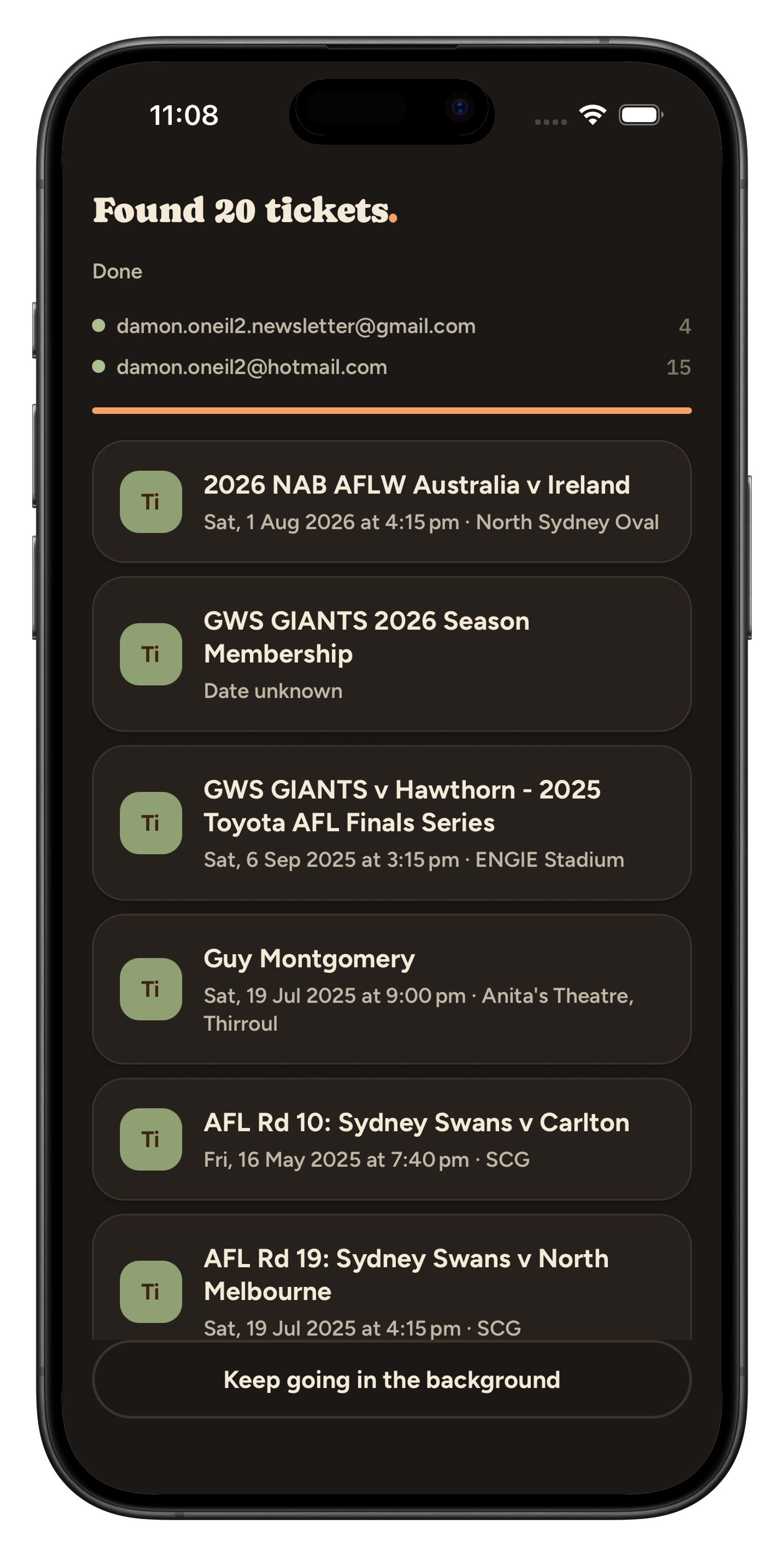 TicketHub app screenshot: the event, venue, date, seats and order number pulled out of a confirmation email